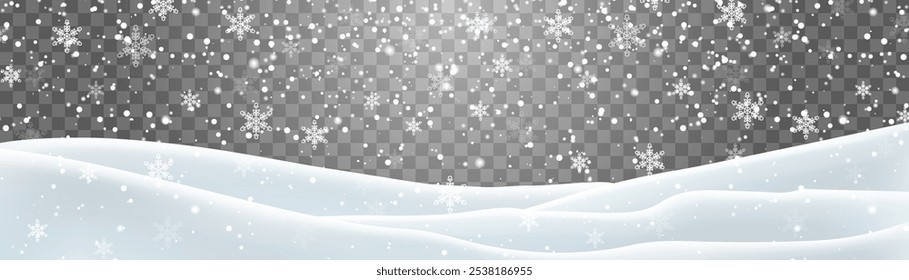 Snow flakes, snow and blizzard falling on snowdrifts. Snow landscape decoration, frozen hills isolated on png background. Vector heavy snowfall with snowbanks field. Christmas vector illustration