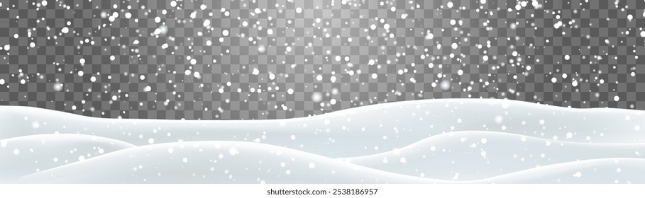 Flocos de neve, neve e nevascas caindo em moinhos de neve. Decoração de paisagem de neve, colinas congeladas isoladas no fundo png. Vetor forte queda de neve com campo de bancos de neve. Ilustração de vetor de Natal