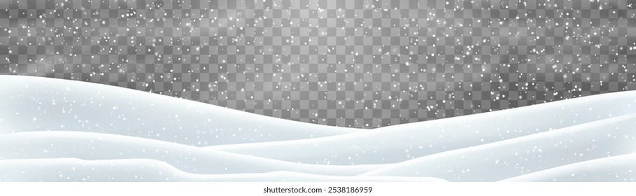 Snow flakes, snow and blizzard falling on snowdrifts. Snow landscape decoration, frozen hills isolated on png background. Vector heavy snowfall with snowbanks field. Christmas vector illustration