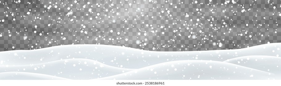 Snow flakes, snow and blizzard falling on snowdrifts. Snow landscape decoration, frozen hills isolated on png background. Vector heavy snowfall with snowbanks field. Christmas vector illustration