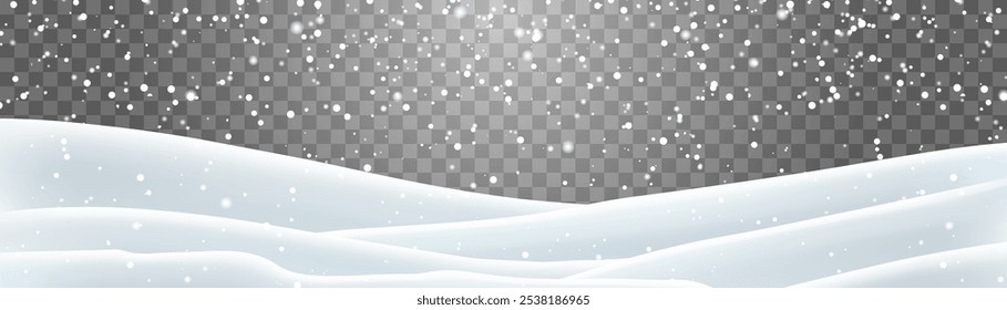 Snow flakes, snow and blizzard falling on snowdrifts. Snow landscape decoration, frozen hills isolated on png background. Vector heavy snowfall with snowbanks field. Christmas vector illustration