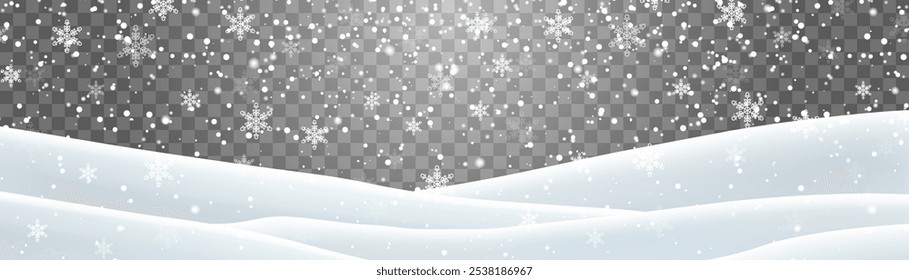Snow flakes, snow and blizzard falling on snowdrifts. Snow landscape decoration, frozen hills isolated on png background. Vector heavy snowfall with snowbanks field. Christmas vector illustration
