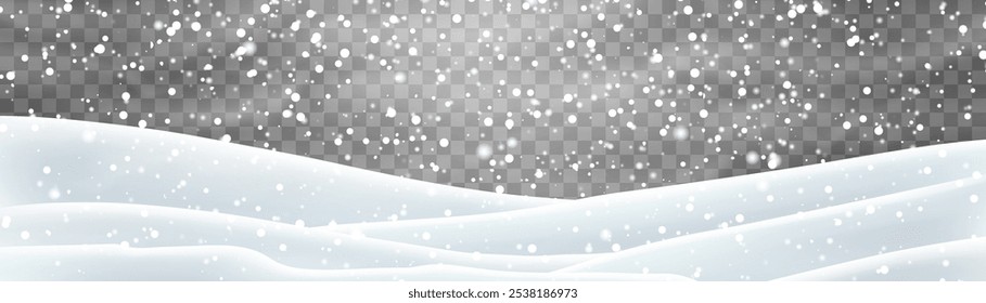 Schneeflocken, Schnee und Schneesturm fallen auf Schneeverwehungen. Schneelandschaft Dekoration, gefrorene Hügel einzeln auf png Hintergrund. Vektor starker Schneefall mit Schneebänken Feld. Weihnachtsvektorgrafik