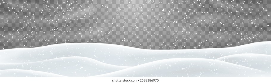 Copos de nieve, nieve y ventisca cayendo sobre las corrientes de nieve. Decoración del paisaje de la nieve, colinas congeladas aisladas en el fondo del png. Vector fuerte nevada con campo de bancos de nieve. Ilustración vectorial de Navidades