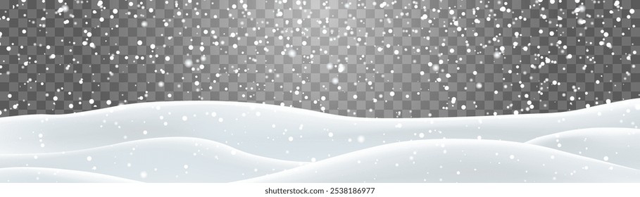 Flocos de neve, neve e nevascas caindo em moinhos de neve. Decoração de paisagem de neve, colinas congeladas isoladas no fundo png. Vetor forte queda de neve com campo de bancos de neve. Ilustração de vetor de Natal