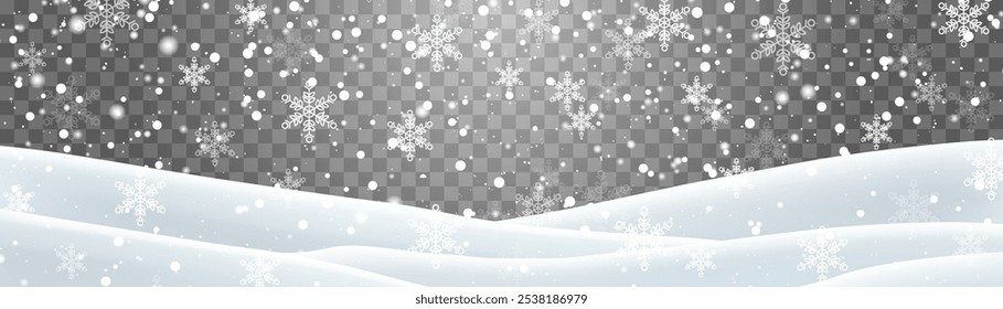 Snow flakes, snow and blizzard falling on snowdrifts. Snow landscape decoration, frozen hills isolated on png background. Vector heavy snowfall with snowbanks field. Christmas vector illustration