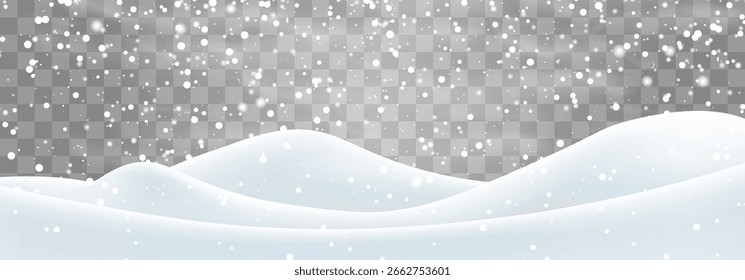 Flocos de neve, neve e nevascas caindo em moinhos de neve. Decoração de paisagem de neve, colinas congeladas isoladas no fundo png. Vetor forte queda de neve com campo de bancos de neve. Ilustração de vetor de Natal.