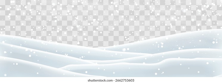 Snow flakes, snow and blizzard falling on snowdrifts. Snow landscape decoration, frozen hills isolated on png background. Vector heavy snowfall with snowbanks field. Christmas vector illustration.