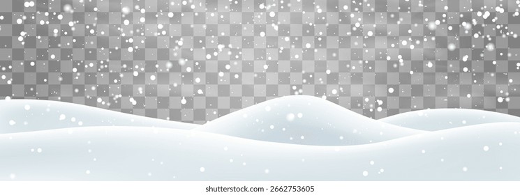 Snow flakes, snow and blizzard falling on snowdrifts. Snow landscape decoration, frozen hills isolated on png background. Vector heavy snowfall with snowbanks field. Christmas vector illustration.