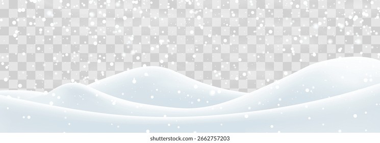 Snow flakes, snow and blizzard falling on snowdrifts. Snow landscape decoration, frozen hills isolated on png background. Vector heavy snowfall with snowbanks field. Christmas vector illustration