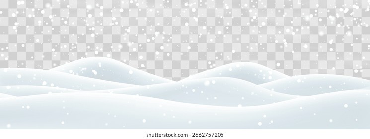 Flocos de neve, neve e nevascas caindo em moinhos de neve. Decoração de paisagem de neve, colinas congeladas isoladas no fundo png. Vetor forte queda de neve com campo de bancos de neve. Ilustração de vetor de Natal
