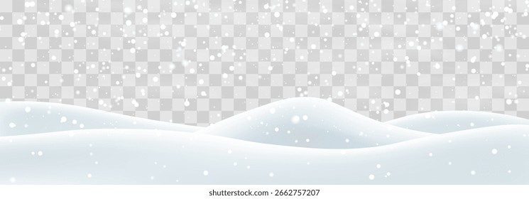 Flocos de neve, neve e nevascas caindo em moinhos de neve. Decoração de paisagem de neve, colinas congeladas isoladas no fundo png. Vetor forte queda de neve com campo de bancos de neve. Ilustração de vetor de Natal