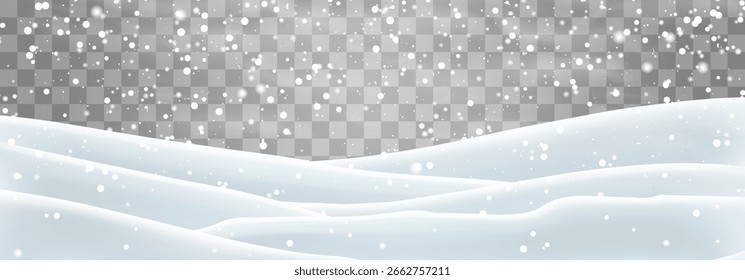 Flocos de neve, neve e nevascas caindo em moinhos de neve. Decoração de paisagem de neve, colinas congeladas isoladas no fundo png. Vetor forte queda de neve com campo de bancos de neve. Ilustração de vetor de Natal