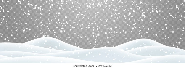 Flocos de neve, neve e nevascas caindo em moinhos de neve. Decoração de paisagem de neve, colinas congeladas isoladas em fundo transparente. Vetor forte queda de neve com campo de bancos de neve. Ilustração de vetor de Natal