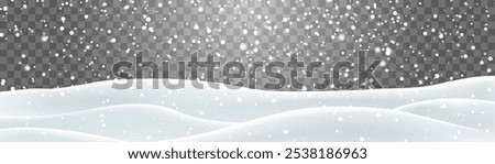 Snow flakes, snow and blizzard falling on snowdrifts. Snow landscape decoration, frozen hills isolated on png background. Vector heavy snowfall with snowbanks field. Christmas vector illustration
