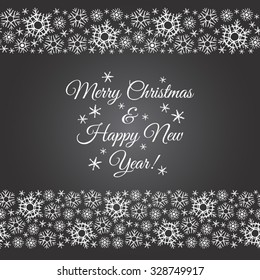Snow flakes border. Chalk drawn on black board winter borders of different width made of snowflakes with Merry Christmas and New Year lettering. Brush drawn snow crystals with rough, artistic edges.