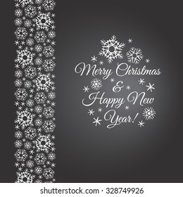 Snow flakes border. Chalk drawn on black board winter border made of snowflakes with Merry Christmas and Happy New Year lettering. Brush or pencil drawn snow crystals with rough, artistic edges.
