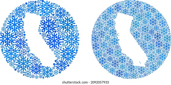 Snow flakes California State map mosaic is composed with sphere and subtracted shape. Vector California State map mosaic of snowflake parts in various sizes and blue color hues.