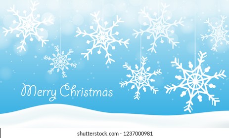 Snow flakes cartoon decorative on white blue bokeh background, vector illustration. Card invitation holiday season of winter time concept.