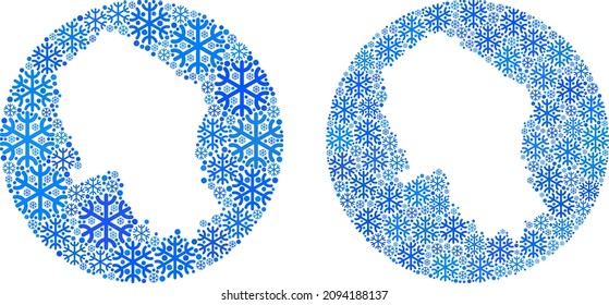 Snow flakes Cordoba Spanish Province map collage is designed with sphere and subtracted space. Vector Cordoba Spanish Province map mosaic of snow parts in various sizes and blue color tinges.