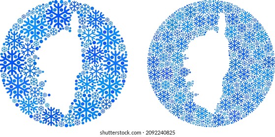 Escamas de nieve El collage de mapas de Córcega está diseñado con esfera y forma tallada. Mapa vectorial Córcega composición de partículas de nieve en diferentes tamaños y tonos azules. Diseñado para las proclamaciones navideñas.