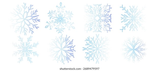 Flocos de neve pontos ruído gradiente definido. Elementos de gradação granulada da estação de inverno. Símbolos de aerógrafo azul e roxo de Natal. Vetor festivo meio-tom congelado formas ilustração no fundo branco.