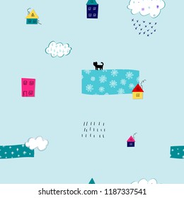 Snow flakes fall doodles simple seamless pattern. Winter Holidays vector graphic design element. Cute Hand written primitive small sign Kids drawing Children made naive art paper cutout house