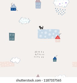 Snow flakes fall doodles simple seamless pattern. Winter Holidays vector graphic design element. Cute Hand written primitive small sign Kids drawing Children made naive art paper cutout house