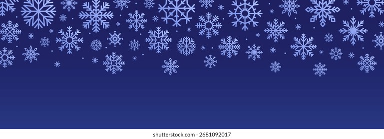 Snow flakes falling, horizontal banner. Winter holiday background design with blue snowflakes pattern, border decoration. Festive snowy ice crystals, seasonal backdrop. Flat vector illustration