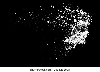 Schneeeffekte. Wassersplash auf schwarzem Hintergrund. Staubüberlagerungseffekt. Weiße Sprühtextur. Abstrakte Explosion. Vektorgrafik, EPS 10.