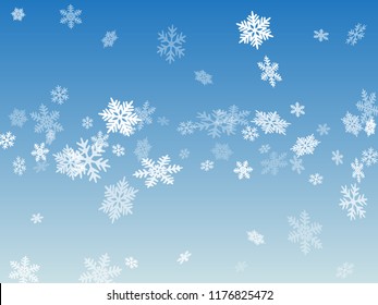 Snow flakes falling macro vector illustration, christmas snowflakes confetti falling scatter backdrop. Winter xmas snow background. Windy flakes falling and flying winter cold season vector.