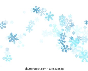 Snow flakes falling macro vector graphics, christmas snowflakes confetti falling scatter banner. Winter snow shapes decor. Airy flakes falling and flying winter seasonal weather vector.