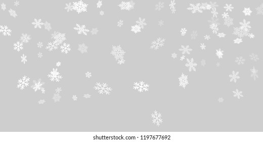 Snow flakes falling macro vector graphics, christmas snowflakes confetti falling scatter backdrop. Winter xmas snow background. Motion flakes falling and flying winter cold weather vector.