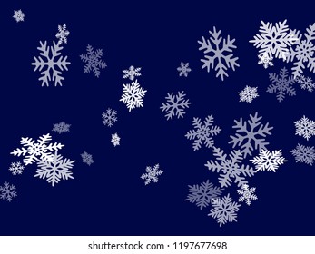 Snow flakes falling macro vector illustration, christmas snowflakes confetti falling scatter banner. Winter snow shapes decor. Motion flakes falling and flying winter simple vector background