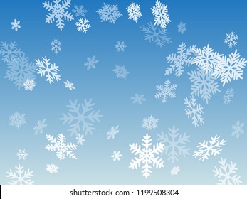 Snow flakes falling macro vector illustration, christmas snowflakes confetti falling chaotic scatter card. Winter snow shapes decor. Airy flakes falling and flying winter cold weather vector.