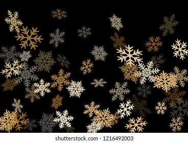 Snow flakes falling macro vector graphics, christmas snowflakes confetti falling scatter backdrop. Winter xmas snow background. Windy flakes falling and flying winter trendy vector background.