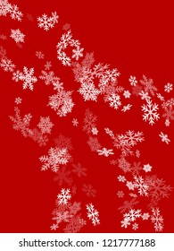 Snow flakes falling macro vector illustration, christmas snowflakes confetti falling chaotic scatter card. Winter snow shapes decor. Airy flakes falling and flying winter simple vector background.