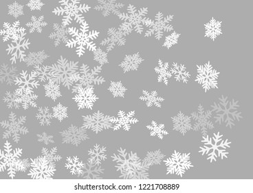 Snow flakes falling macro vector illustration, christmas snowflakes confetti falling chaotic scatter card. Winter snow shapes decor. Airy flakes falling and flying winter seasonal weather vector.