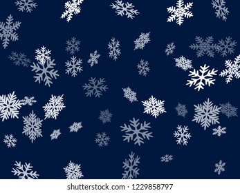 Snow flakes falling macro vector graphics, christmas snowflakes confetti falling scatter banner. Winter snow shapes decor. Motion flakes falling and flying winter seasonal weather vector.