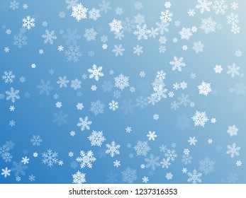 Snow flakes falling macro vector design, christmas snowflakes confetti falling chaotic scatter card. Winter xmas snow background. Motion flakes falling and flying winter cool vector background