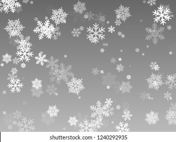 Snow flakes falling macro vector graphics, christmas snowflakes confetti falling scatter banner. Winter snow shapes decor. Windy flakes falling and flying winter magic vector background.