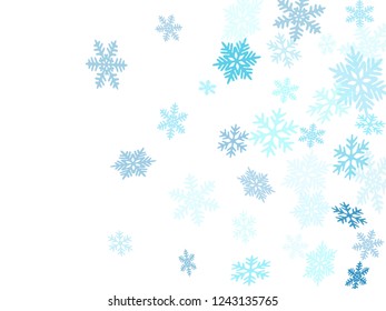 Snow flakes falling macro vector graphics, christmas snowflakes confetti falling scatter backdrop. Winter snow shapes decor. Windy flakes falling and flying winter cold vector background.