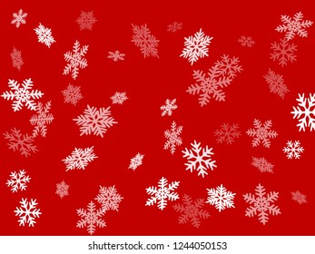 Snow flakes falling macro vector graphics, christmas snowflakes confetti falling scatter card. Winter xmas snow background. Windy flakes falling and flying winter cool vector background.