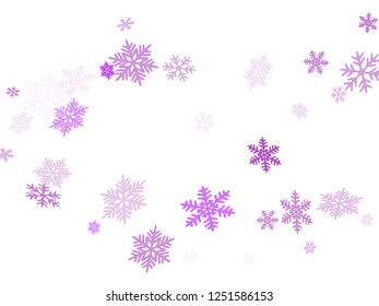 Snow flakes falling macro vector graphics, christmas snowflakes confetti falling scatter card. Winter xmas snow background. Airy flakes falling and flying winter seasonal weather vector.