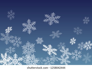Snow flakes falling macro vector illustration, christmas snowflakes confetti falling scatter backdrop. Winter xmas snow background. Airy flakes falling and flying winter cool vector background.