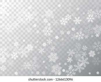 Snow flakes falling macro vector design, christmas snowflakes confetti falling scatter banner. Winter xmas snow background. Windy flakes falling and flying winter simple vector background.