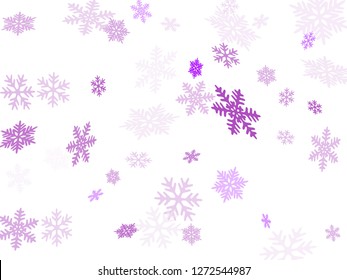 Snow flakes falling macro vector illustration, christmas snowflakes confetti falling chaotic scatter card. Winter xmas snow background. Motion flakes falling and flying winter trendy vector background