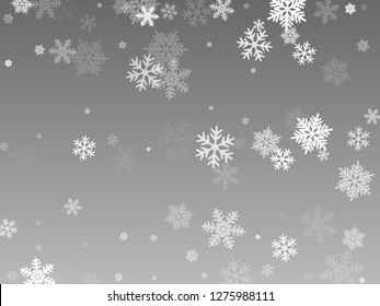Snow flakes falling macro vector graphics, christmas snowflakes confetti falling scatter backdrop. Winter xmas snow background. Windy flakes falling and flying winter trendy vector background.