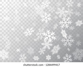 Snow flakes falling macro vector graphics, christmas snowflakes confetti falling scatter card. Winter snow shapes decor. Airy flakes falling and flying winter simple vector background.
