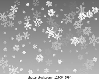 Snow flakes falling macro vector illustration, christmas snowflakes confetti falling scatter card. Winter xmas snow background. Airy flakes falling and flying winter seasonal weather vector.